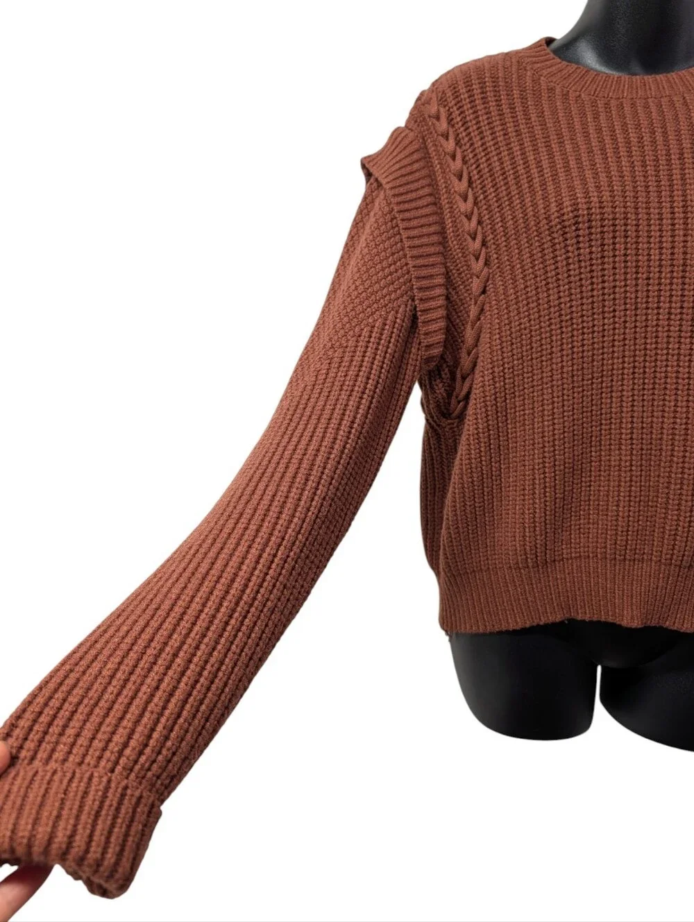 Willow + Root Womens Rust Cable Detail Waffle Knit Flatter Shoulder Sweater  L